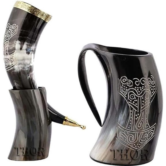 Viking Drinking Thor Horn Mug Tankard | Mead, and Beer Drink like a Viking - Best gift for Handmade Set Rustic Vintage Home Decor Gifts