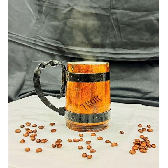 Viking Drinking wooden Mug with Black Gift Beer Steins Beer wood Tankard for Men Viking Gifts for Men for Safely Holds Tea Coffee Wine