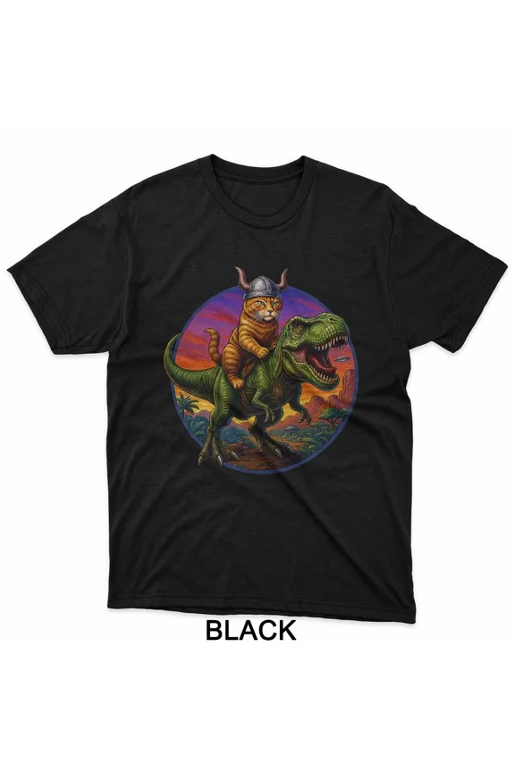 Viking Feline Riding Dinosaur Artwork with Quirky Fantasy Theme Unisex T-Shirt up to size 5XL