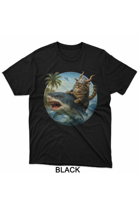 Viking Feline Surfing Shark Adventure with Epic Ocean Theme Unisex T-Shirt up to size 5XL