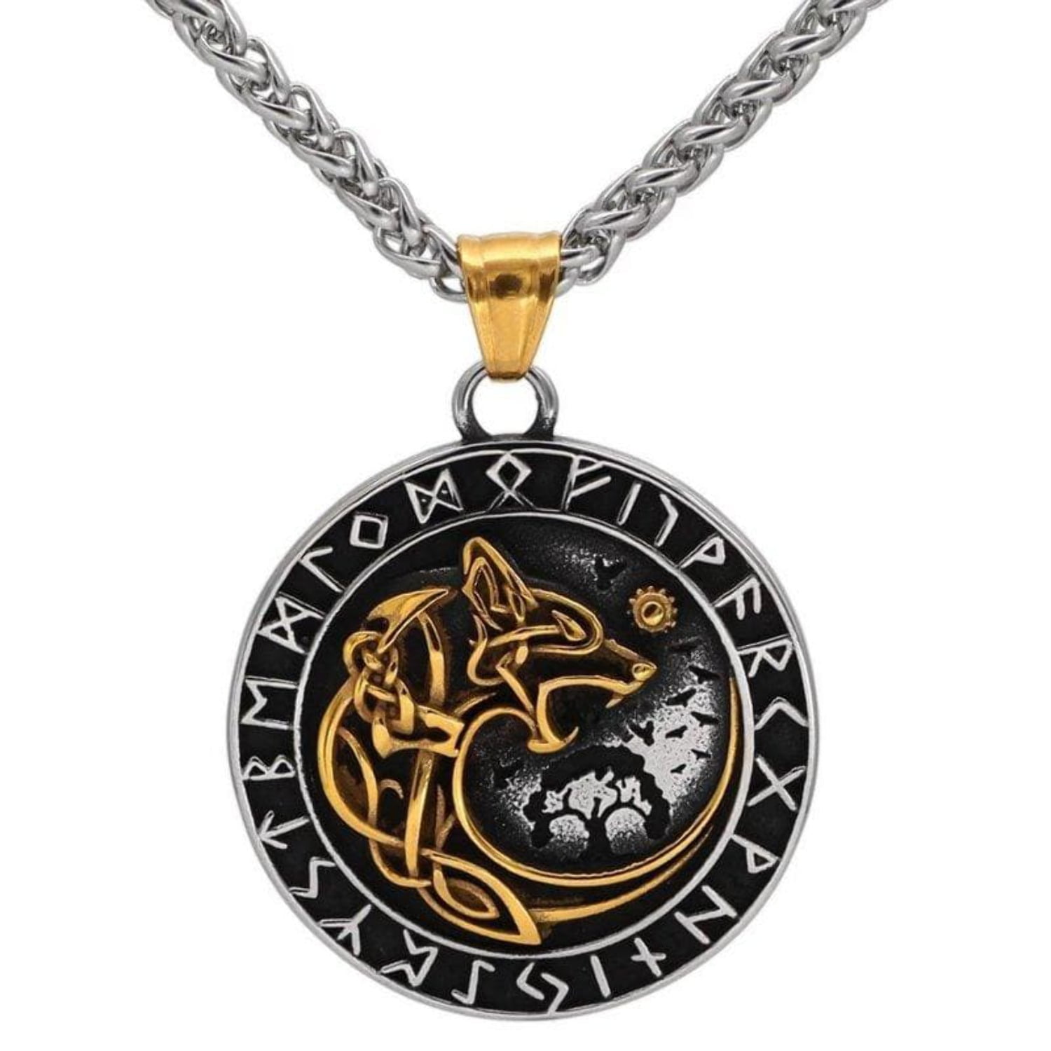Viking Fenrir Necklace Gold Stainless Steel Norse Rune Wolf Pendant
