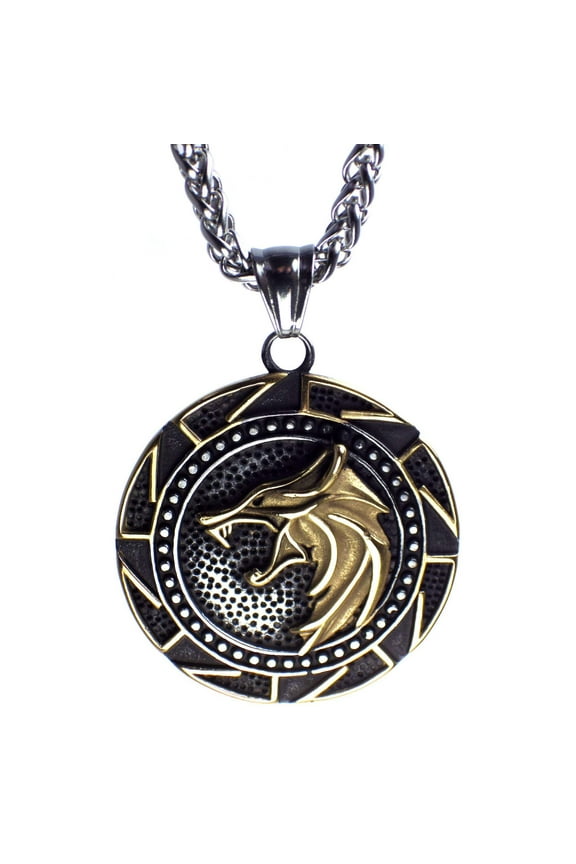 Viking Fenrir Necklace Mens Gold Silver Stainless Steel Helm of Awe Rune Wolf Pendant Fantasy Forge Jewelry