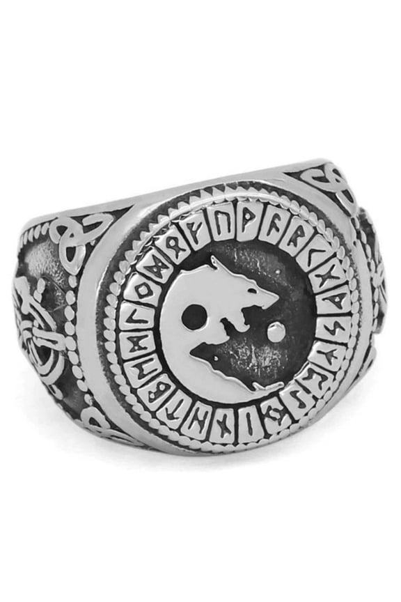 Viking Fenrir Ring Silver Stainless Steel Norse Wolf Signet Band