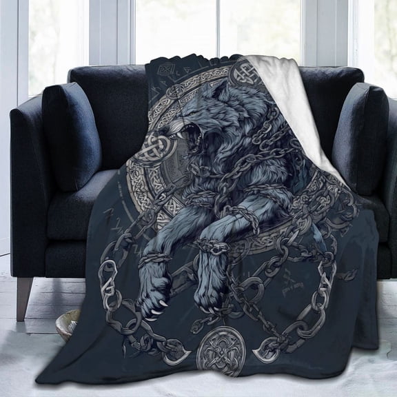 Viking Fenrir Wolf Throw Blanket, Norse Mythology Runes Art Soft Flannel Fleece, Modern Home Gaming Room Decor and Gift 60x50