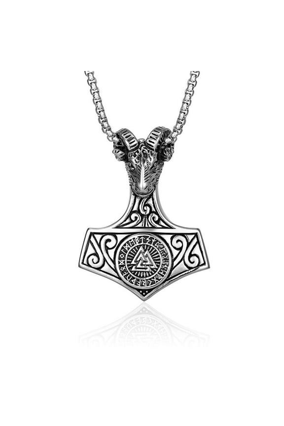 Viking Goat Head Mjolnir Pendant Thors Hammer Necklace Stainless Steel Norse Pagan Jewelry for Men Women