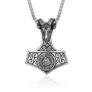 Viking Goat Head Mjolnir Pendant Thors Hammer Necklace Stainless Steel Norse Pagan Jewelry for Men Women