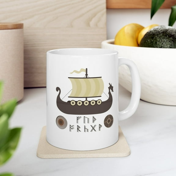 Viking 11 oz Coffee Mug - Norse Design White Ceramic Gift