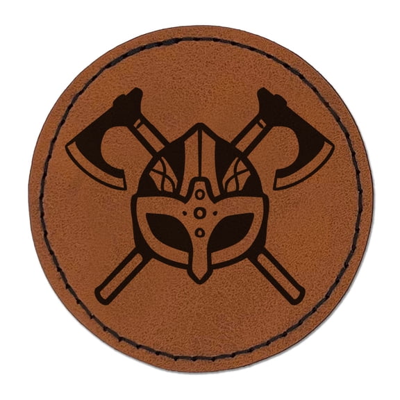 Viking Helmet Crossed Axes Norse Battle Round Iron-On Engraved Faux Leather Patch Applique - 2.5 Inch - Brown