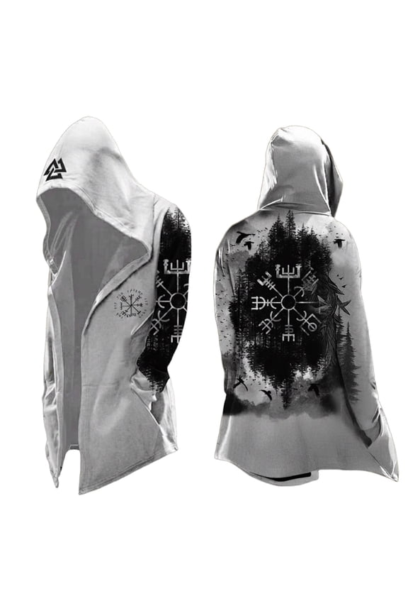 Viking Hooded Cardigan Midi Length Printed Knit Sweater Open Front Pullover for Casual Style Grey XXL