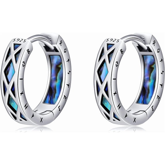 Viking Hoop Earrings Sterling Silver Abablone Shell Norse Rune Huggie Hoop Earrings Viking Jewelry Gift for Men