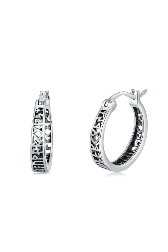 Viking Hoop Earrings Sterling Silver Viking Runes Huggie Earrings Vintage Norse Jewelry Gifts for Women