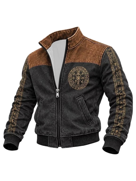 Viking Jacket for Men Norse Mythology Jackets Nordic Vegvisir Jacket Brown XXL
