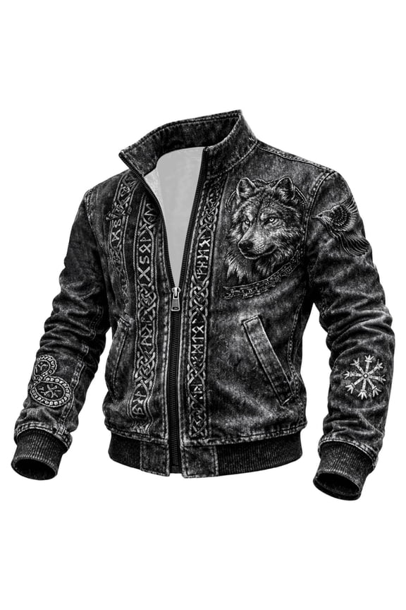 Viking Jacket for Men Norse Mythology Jackets Nordic Vegvisir Jacket Grey M