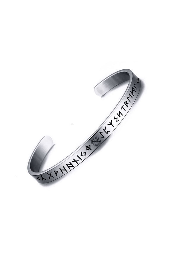 Viking Jewelry for Men Women - Stainless Steel Nordic Vikings Elder Futhark Runes Cuff Bracelet - Vegvisir Runic Amulet Bangle - Norse Odin Viking Gifts for Birthday Christmas, Silver