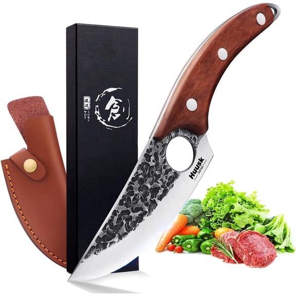 Viking Knife, Hand Forged Full Tang Boning Knives with Sheath Japanese Butcher Meat Caveman Chef Knife for Home or Camping, Gifts Men and Women