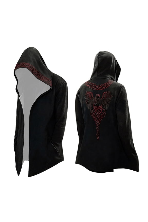 Viking Knit Cardigan Hooded Longline Design Open Front Sweater without Zipper Buttons for Men Black L