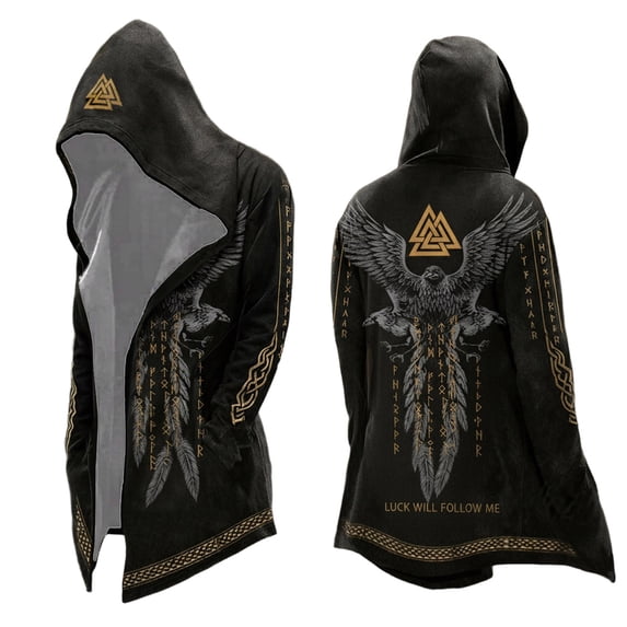Viking Knit Cardigan with Hooded Longline Patterned Sweater Jacket Open Front for Men Black L