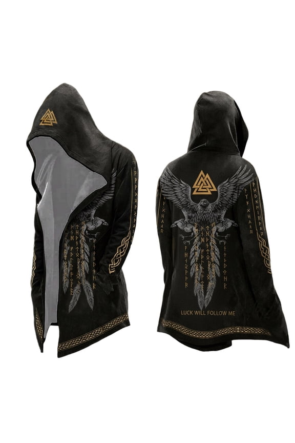 Viking Knit Cardigan with Hooded Longline Patterned Sweater Jacket Open Front for Men Black L