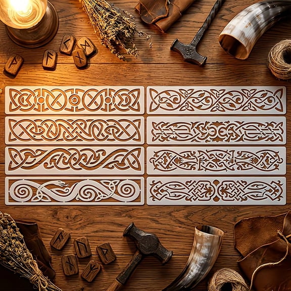 Viking Knotwork Stencils 8 Pack Reusable Celtic Border Stencils for Diy Wood Burning Wall and Craft Decor