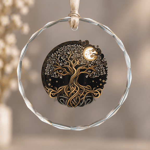 Viking Knotwork Yggdrasil on Celtic Nordic Moon Tree of Life Christmas Ornament, Holiday Decor Gift, Circle Glass Ornament
