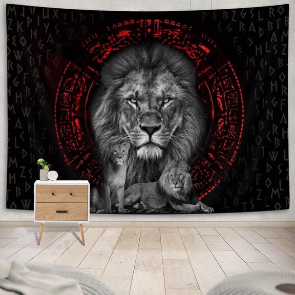 Viking Lion Tapestry, Wild Animal Tapestry Wall Hanging, Cool Bokeh Runes Ancient Green Psychedelic Wall Decor Tapestries Poster Blanket College Dorm Bedroom Decor, 60X40IN