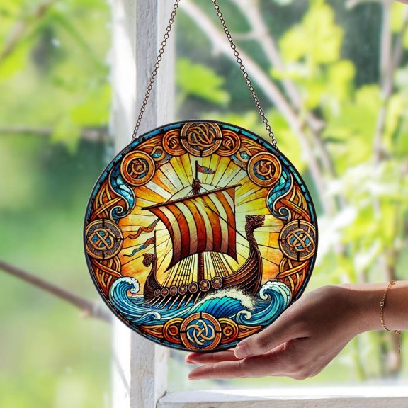 Viking Longboat Glass Suncatcher, Norse Ship Historical Decor, Nautical History, 3.5 in