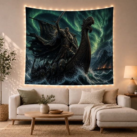 Viking Longship on Stormy Seas with Green Northern Lights, Dramatic Fantasy for Dark Art Lovers, Fantasy Seascape Wall Art Halloween Gift Tapestry Wall Hanging for Bedroom and Living Room