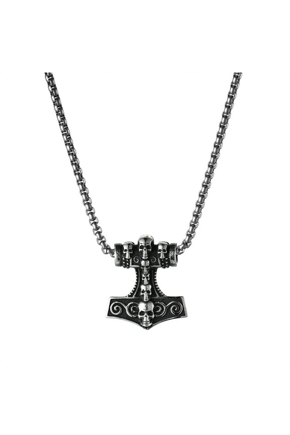 Viking Mens Mjolnir Skull Head Thor's Hammer Pendant Necklace Stainless Steel