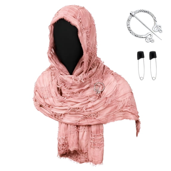 Viking Metal Brooch Prop, Frayed Medieval Hooded Scarf Cosplay Accessory, Crinkled Renaissance Warrior Head Wrap With Viking Pin Safety Pins for Halloween Larp Party, Pink One Size