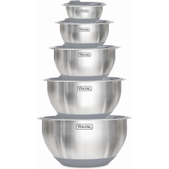 Viking Mixing Bowls Set, 10 Piece Stainless Steel Kitchen Cookware, Non-Slip Silicone Base, Includes Tight Fit Lids, Dishwasher Safe, Grey