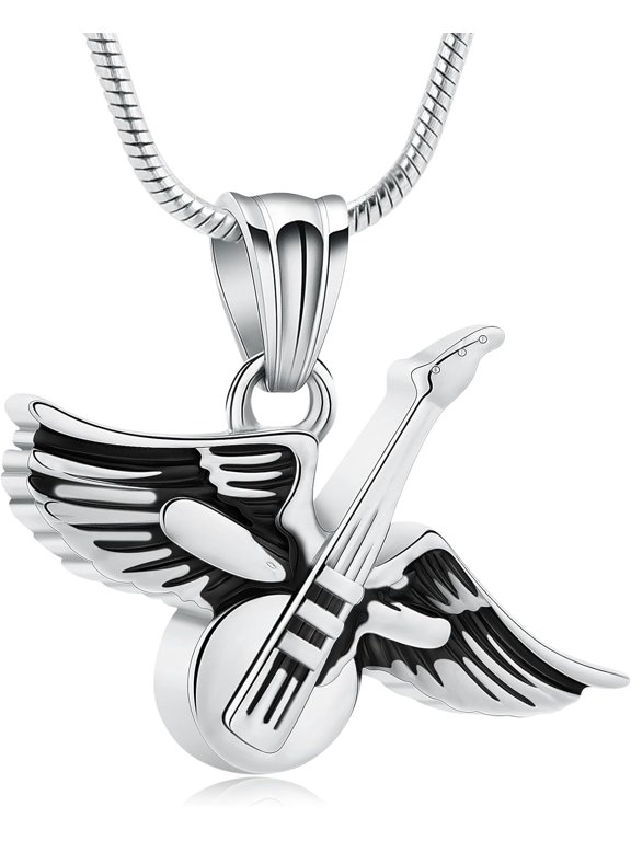 Viking Music Guitar Angel Wing Urn Necklace for Ashes Stainless Steel Cremation Jewelry Keepsake Memorial Remains Pendant for Man Women