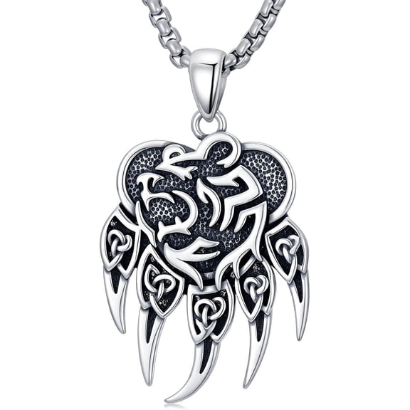 Viking Necklace for Men 925 Sterling Silver Bear Claw Pendant Nordic Viking Jewelry for Men, w/Stainless Steel Chain 22"+2"