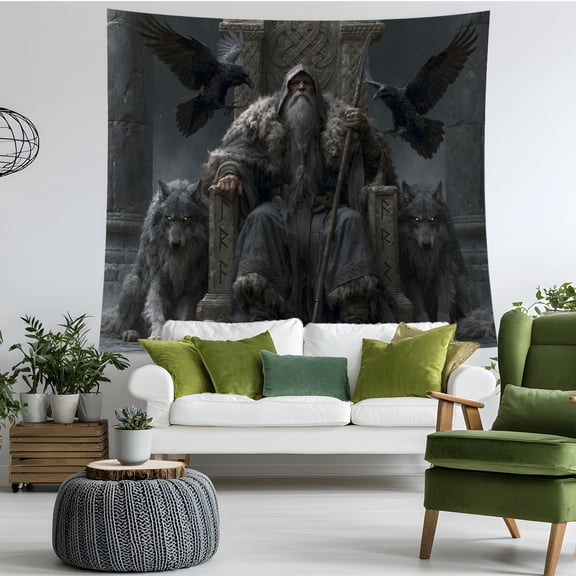 Viking Norse Mythology Tapestry, Odin Ravens & Wolves Wall Hanging, Dark Gothic Medieval Nordic Rune Wall Art for Bedroom Living Room Man Cave Decor
