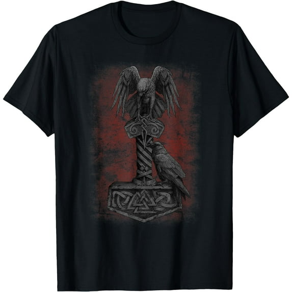 Viking Norse Mythology Thor's Mjolnir Odin's Huginn & Muninn DTG Print Unisex T-Shirt,Black Color,Size YXL