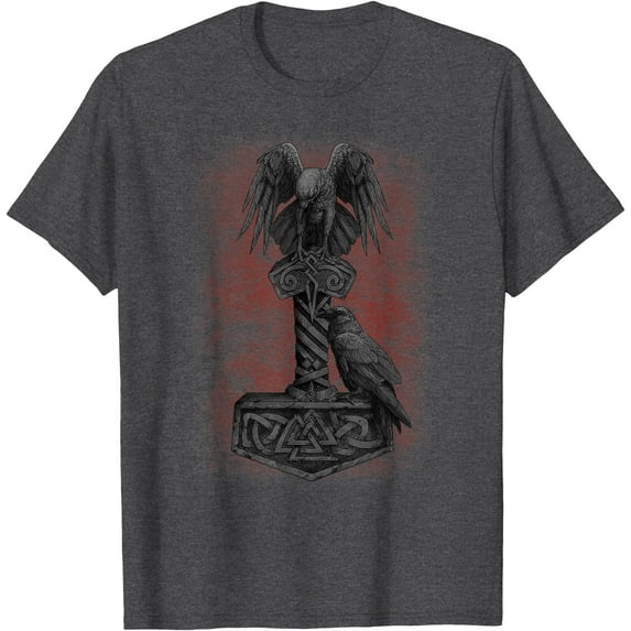 Viking Norse Mythology Thor's Mjolnir Odin's Huginn & Muninn DTG Print Unisex T-Shirt,Dark Heather Grey Color,Size XL