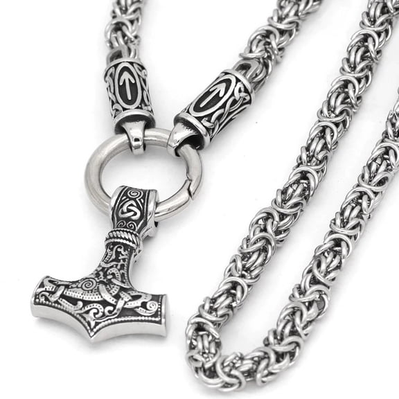 Viking Norse Thors Hammer Chainmail Byzantine Chain Necklace Stainless Steel 28" Mens Fantasy Forge Jewelry