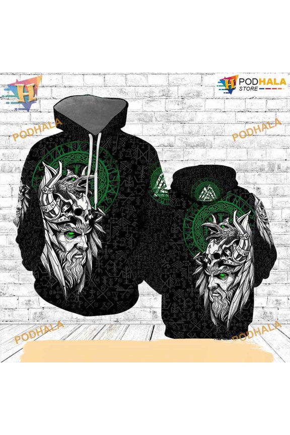 Viking Odin And Raven Green All Over Printed 3D Hoodie T-Shirt