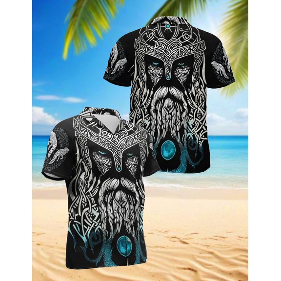 Viking Odin Medieval Hawaiian Shirt for Men, Button Down Summer Beach Short Sleeve, S-5XL