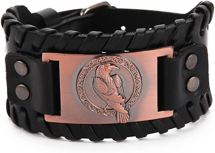 MENDEL Norse Viking Leather Bracelet With Raven Skull - Stainless Steel, 8-9 Inch, Brown