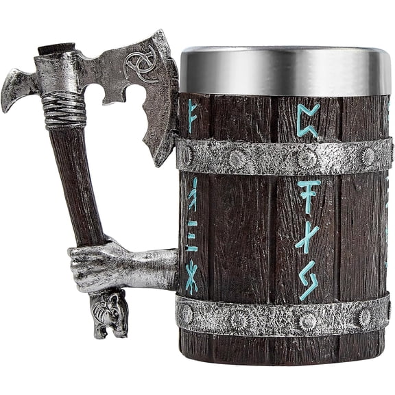 Viking Ok Wooden Mug with Stinless Steel Insert, 17oz - Norse Mythology Runes Beer Stein Gift for Men