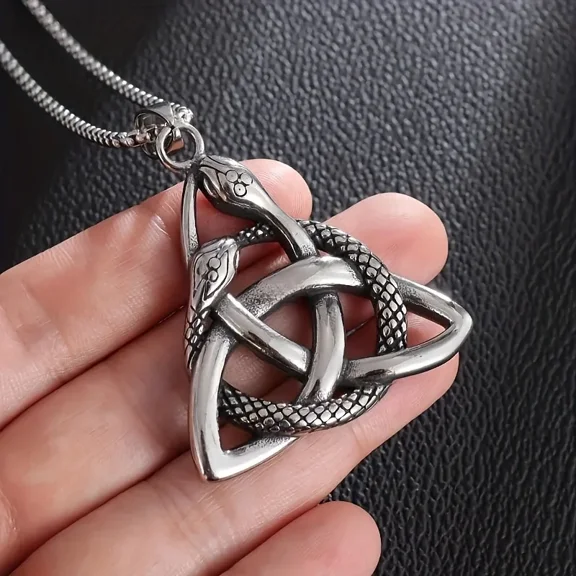 Viking Ouroboros Trinity Knot Pendant Necklace for Men, 14K White Gold Filled Nordic Celtic Protective Amulet Charm Jewelry