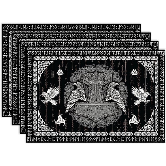 Viking Placemats Set of 4, 12x18 Inch Nordic Mythology Crow Helmet of Awe Ancient Mythical Animal Viking Raven Print Rustic Holiday Table Mats for Party Kitchen Dining Decoration