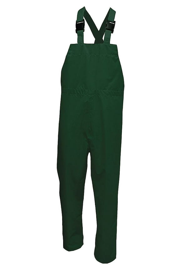 Rain Bib Pants, Polyester, 32 in Inseam, Elastic Closure, Green, Size L