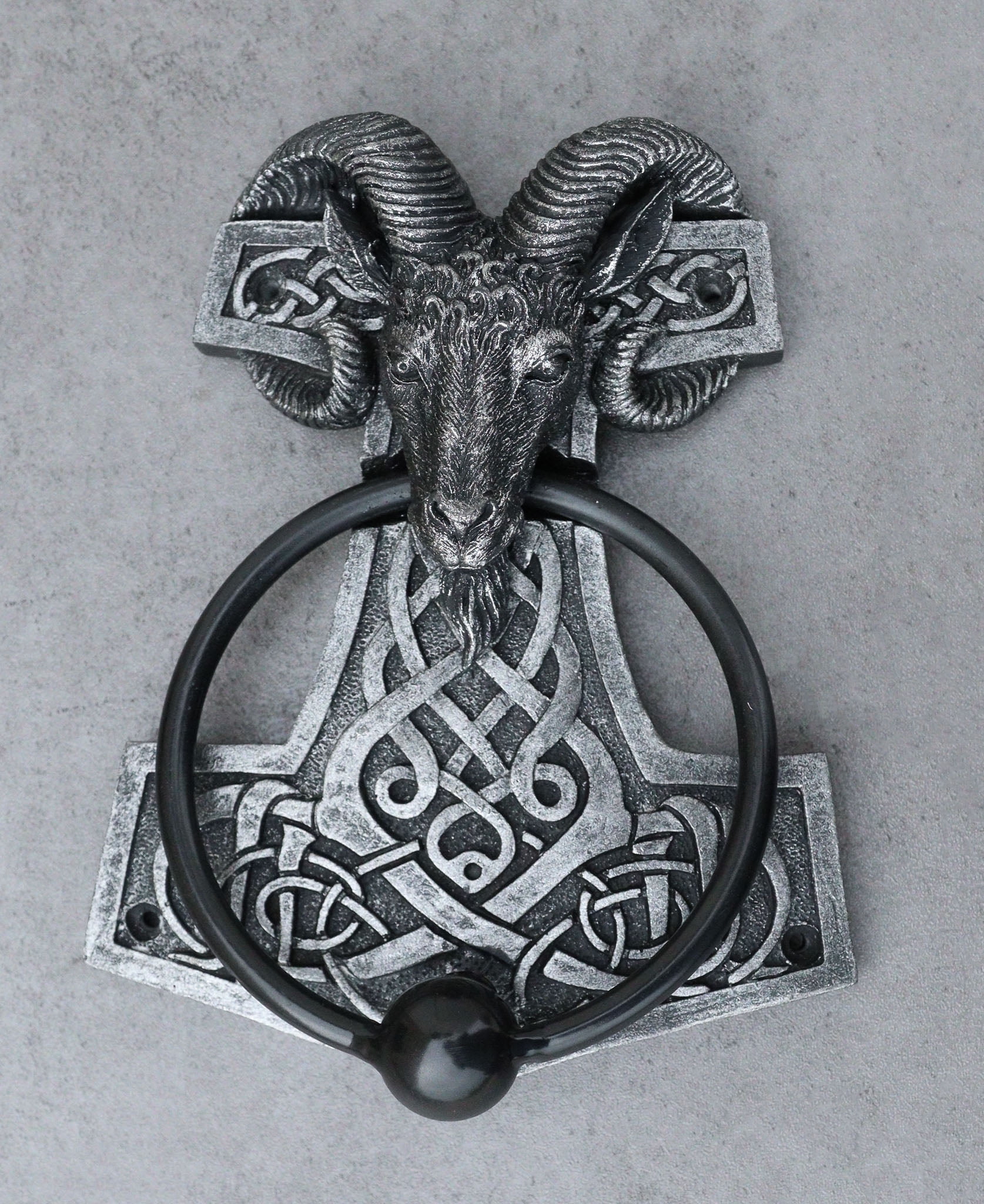 Viking Ram Skull Thor Hammer Mjolnir With Runes Door Knocker W/ Built