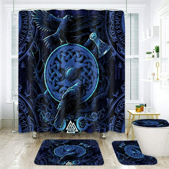 Viking Raven Shower Curtain Set, 4PCS Blue Bathroom Sets with Odin Valknut Norse Celtic Runes Shower Curtains, Bath Rug, Toilet Lid Cover and U Shaped Mat, 12 Hooks, SETLSGU17