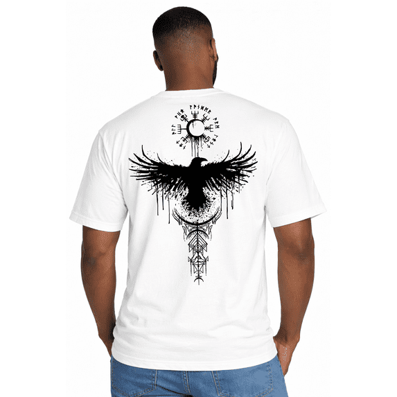Viking Raven T-Shirt Norse Mythology Odin Symbol Graphic Mens Black Tee