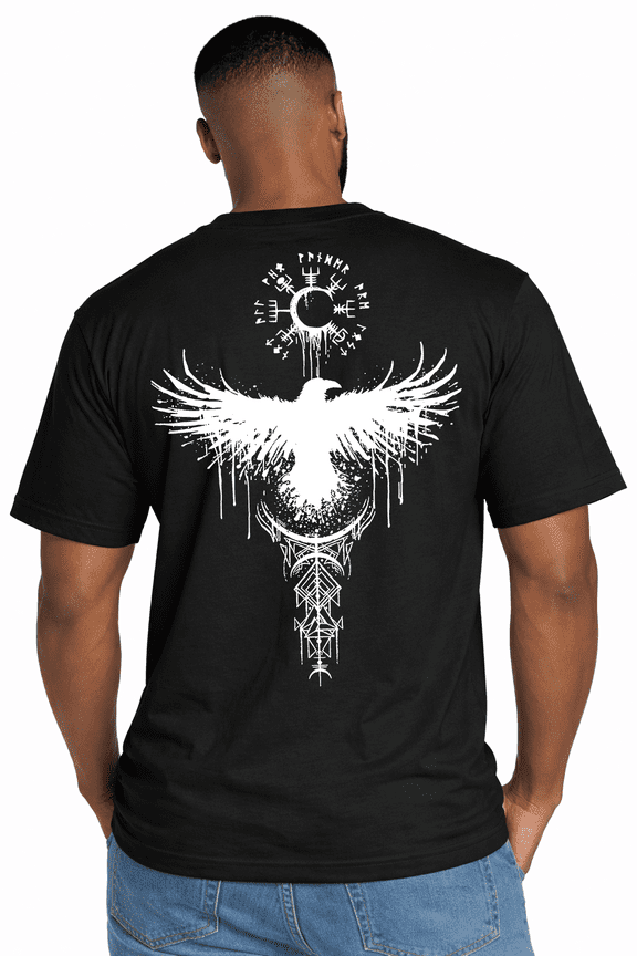 Viking Raven T-Shirt Norse Mythology Odin Symbol Graphic Mens Black Tee