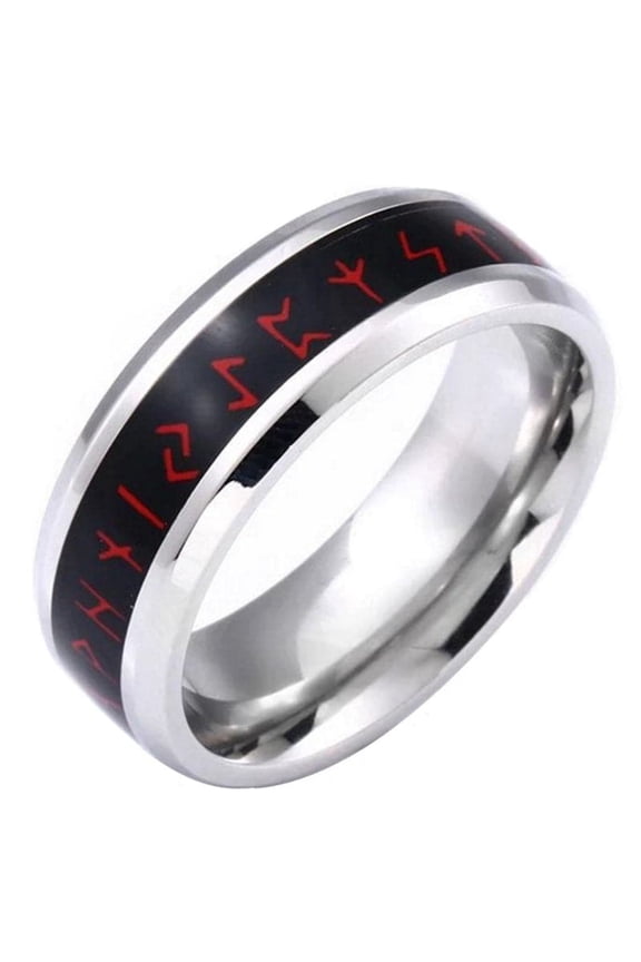 Viking Red Rune Ring Black Silver Stainless Steel Celtic Norse Band