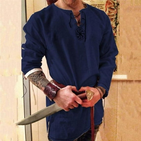 Viking Renaissance Cosplay V-Neck Long Sleeve Tees Vintage Shirt