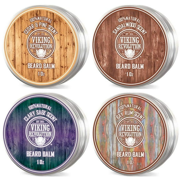 Viking Revolution - Beard Balm, Beard Wax - Sandalwood, Pine & Cedar, Bay Rum, Clary Sage - 4 Packs